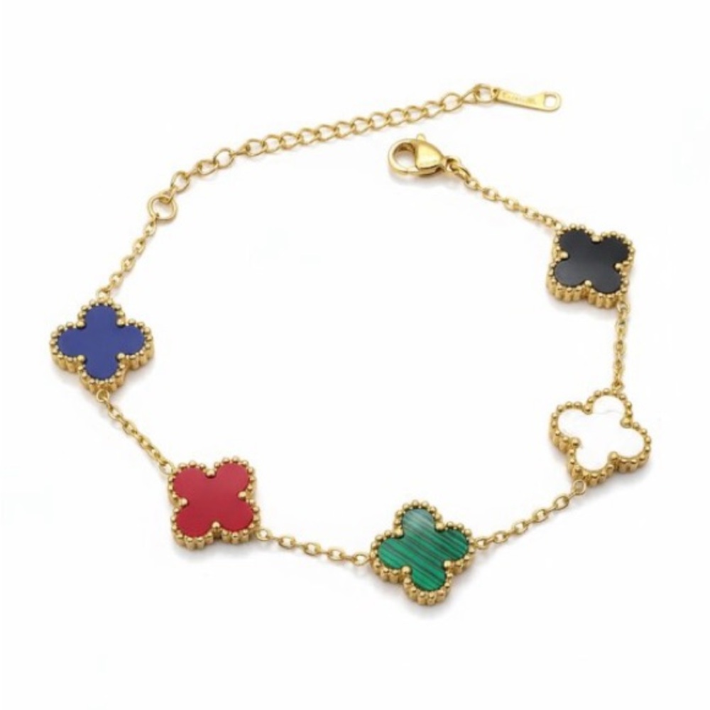Gold Multicolor Clover Charm Bracelet 7.5” | Luxury Inspired Stainless Steel